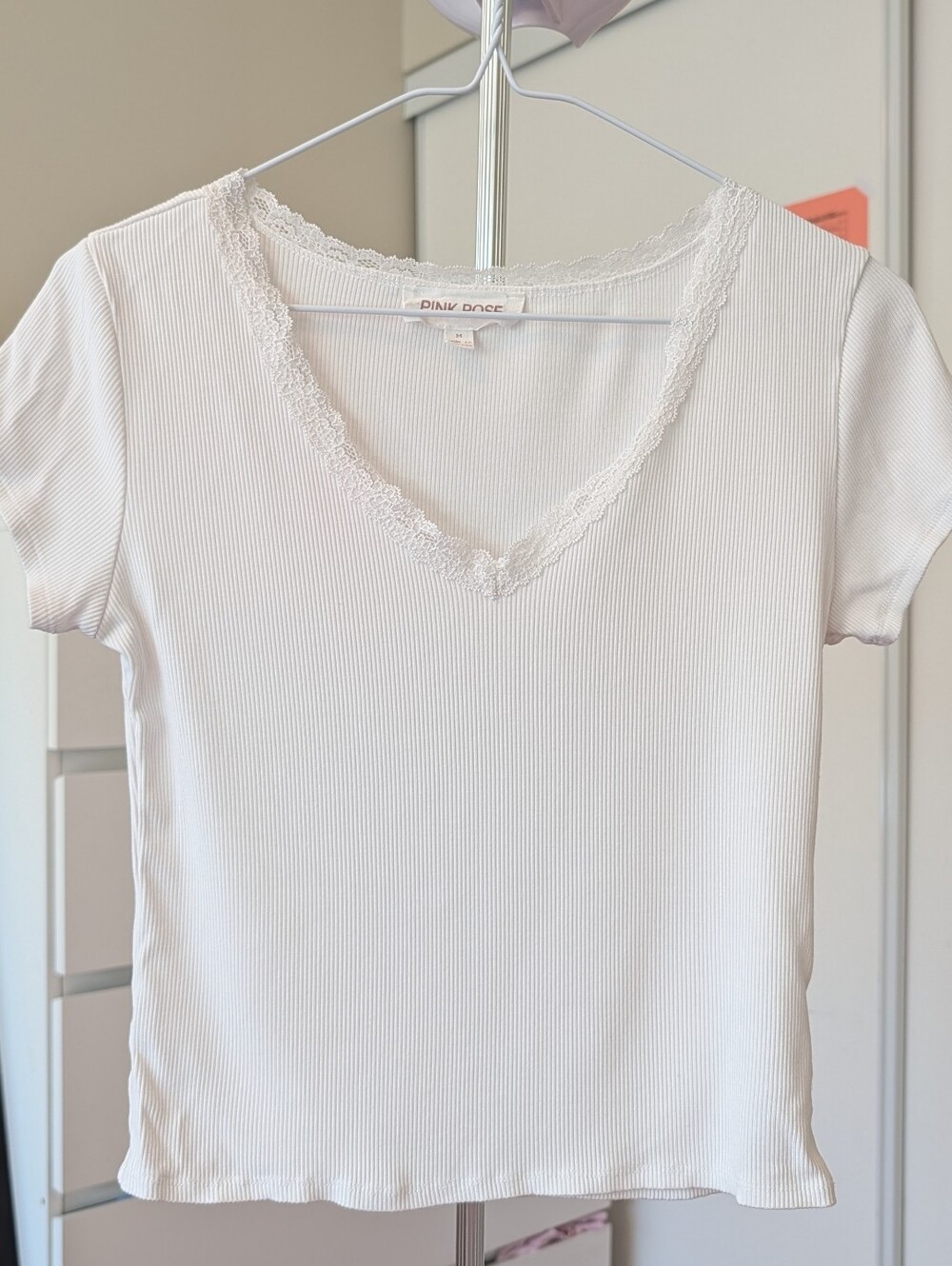 Pink Rose White Ribbed V-Neck Tee with Lace Trim